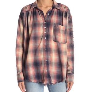 Free People Embellished Beaded Plaid Shirt